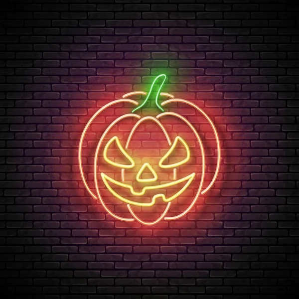 Resplandor Tarjeta Felicitación Halloween Con Calabaza Pared Ladrillo Brillante Neón — Vector de stock