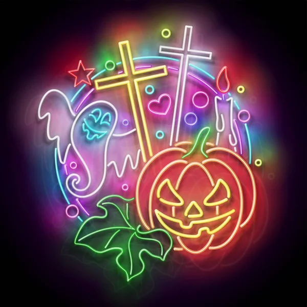 Brilho Halloween Cartão Saudação Com Abóbora Cruzes Com Velas Parede — Vetor de Stock