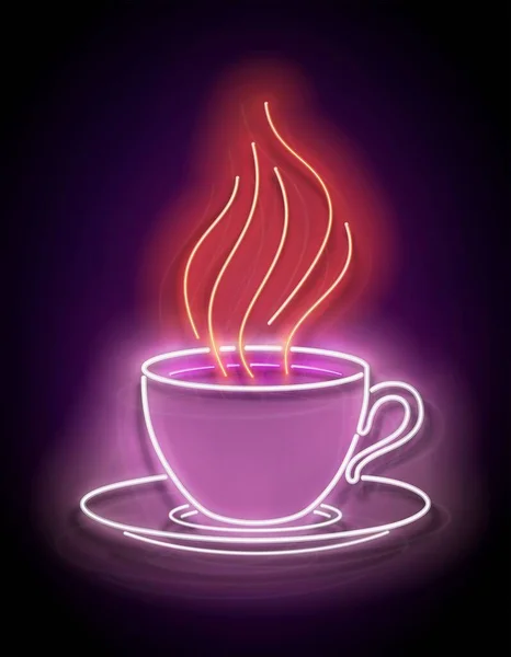 Винтажная Светящаяся Вывеска Чашкой Кофе Паром Метка Кафе Фоне Кирпичной — стоковый вектор