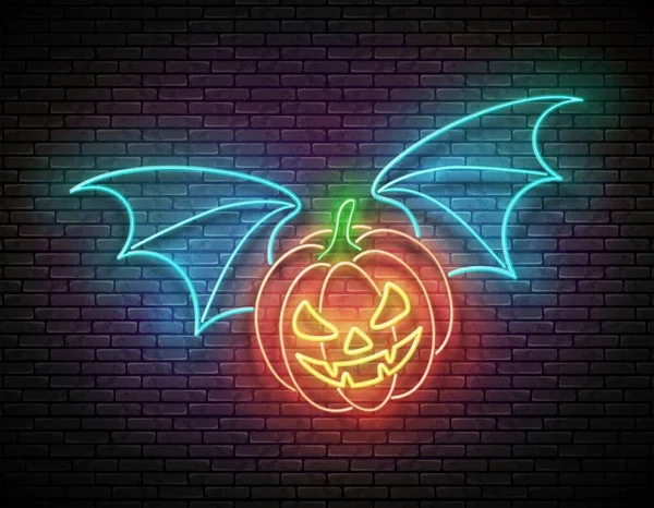 Cartão Saudação Halloween Brilhante Com Abóbora Vampira Voadora Modelo Férias — Vetor de Stock