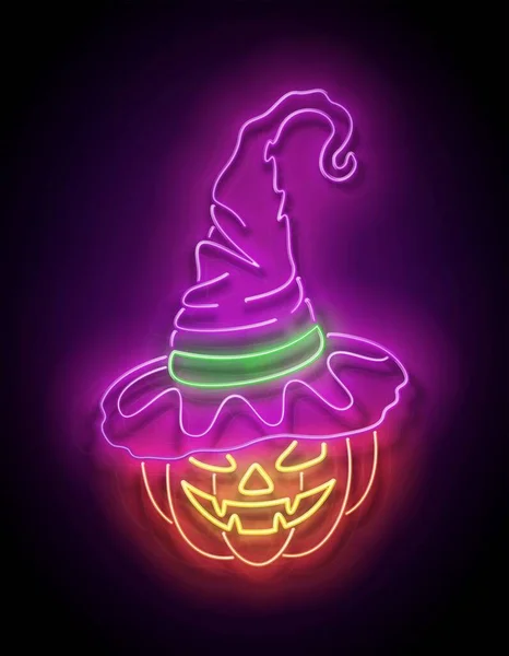 Glow Halloween Carte Voeux Avec Citrouille Sorcière Dans Chapeau Carte — Image vectorielle