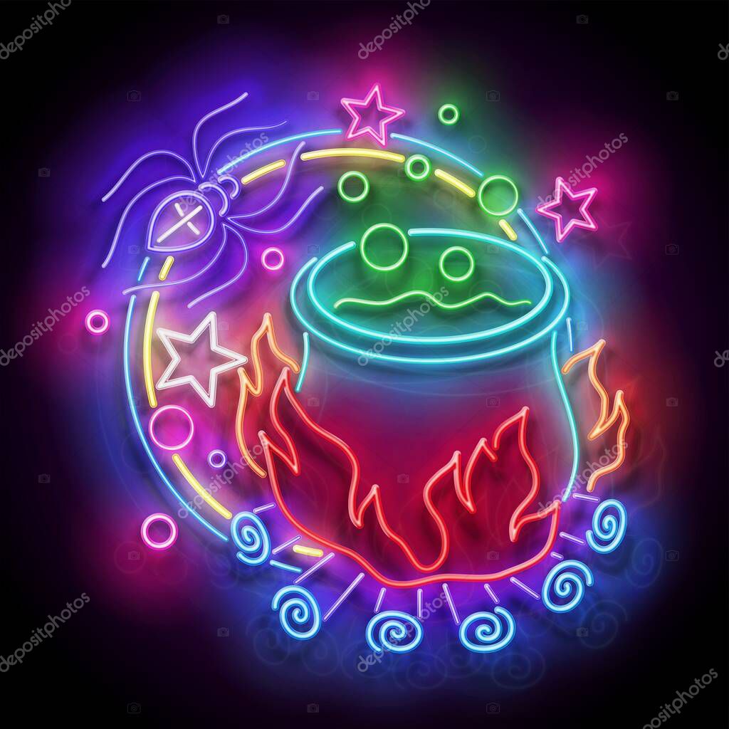 Glow Halloween Greeting Card with Potion in Witch's Cauldron and Spider. Postcard Holiday Template. Shiny Neon Light Poster, Banner, Invitation. Glossy Background. Vector 3d Illustration