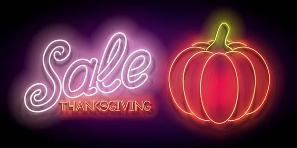 Glow Thanksgiving Grußkarte Mit Kürbis Und Inschrift Neon Light Fall — Stockvektor