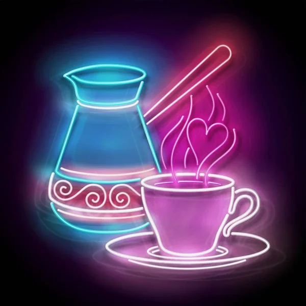 Bir Fincan Kahveyle Süslenmiş Cezve Cafe Label Geleneksel Tuskish Içkisi — Stok Vektör