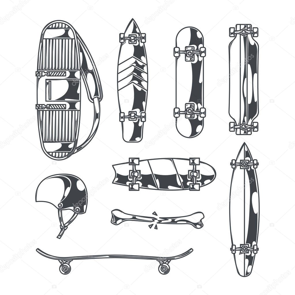 Set of nine elements on a skateboard theme on a white background. can be used as prints, icons or logos