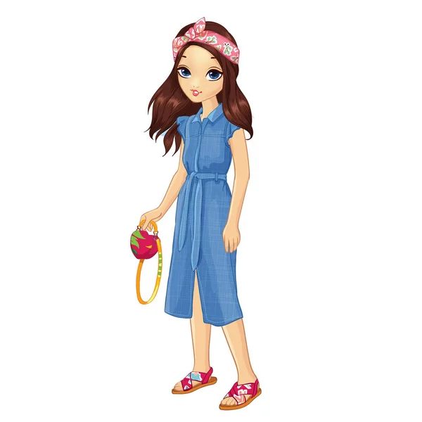 Girl In Denim Dress And Bright Bandage — 스톡 벡터