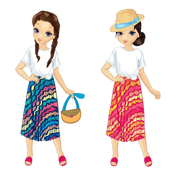 Girls In Striped Bright Skirts — Stock Vector