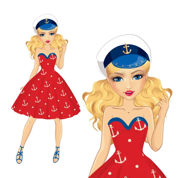 Chica en vestido rojo con gorra de mar — Vector de stock