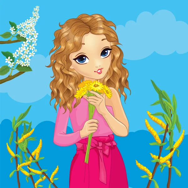 Дівчина тримає квіти на весні — стоковий вектор