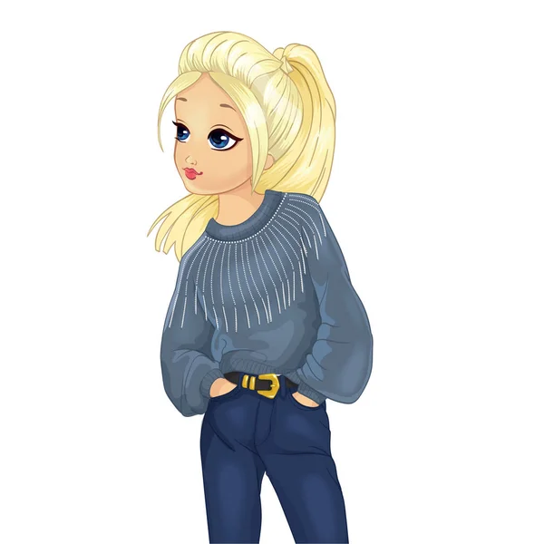 Блондинка в сером свитере с блестками — стоковый вектор