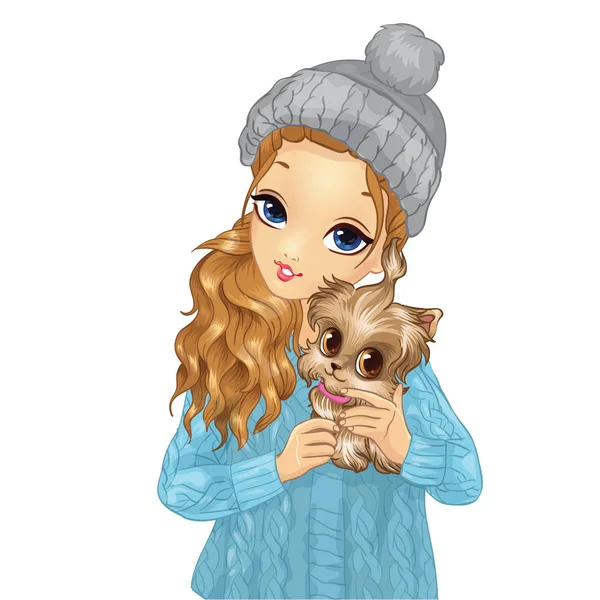 Lány a Blue hat Holding aranyos kiskutya — Stock Vector