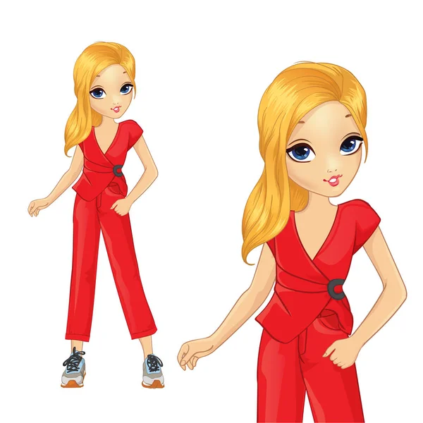 Chica en traje pantalón rojo y grandes zapatillas — Vector de stock