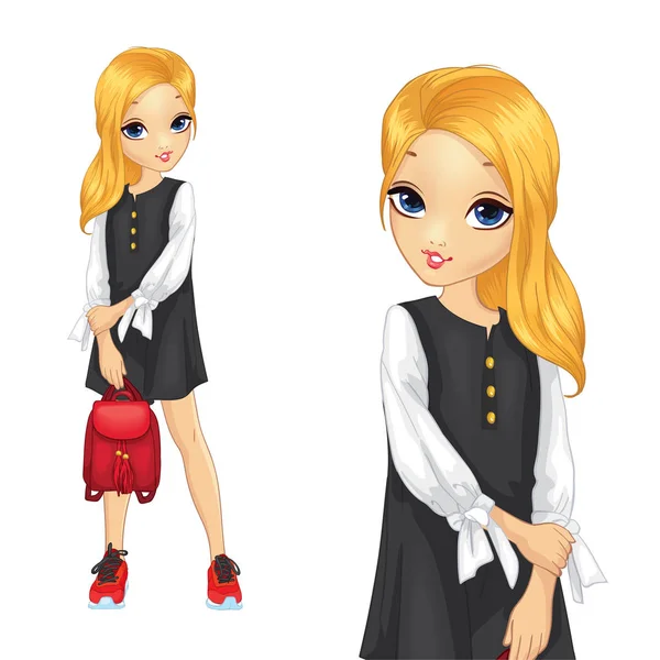 Dziewczyna w białej bluzki i czarna sukienka — Wektor stockowy