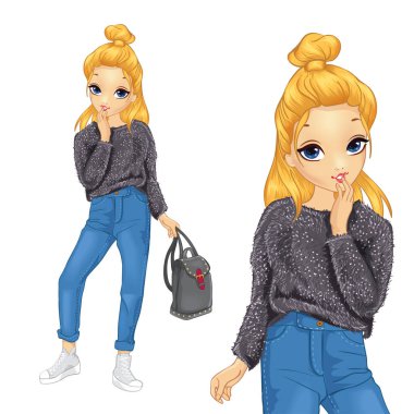 Kabarık Kazak Ve Mavi Jeans Kız