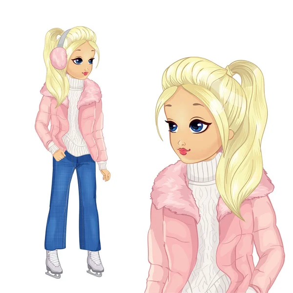 Menina em jaqueta rosa e jeans patinação — Vetor de Stock