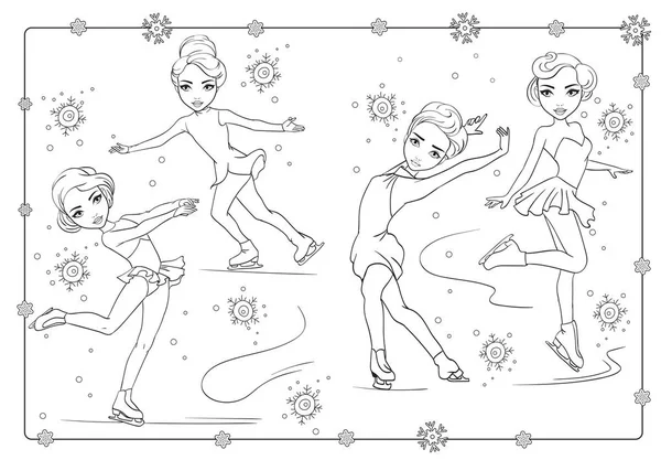 Kleurboek van meisjes schaatsen op Winter — Stockvector