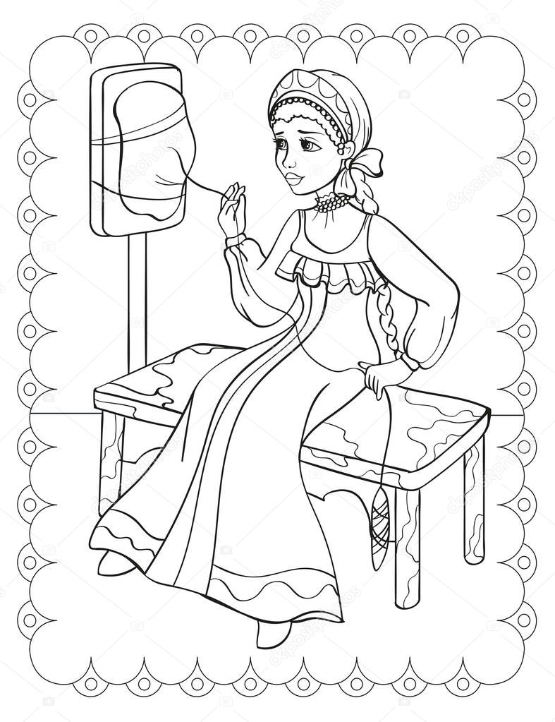 Coloring Book Of Fairy Tale Girl Spins Yarn