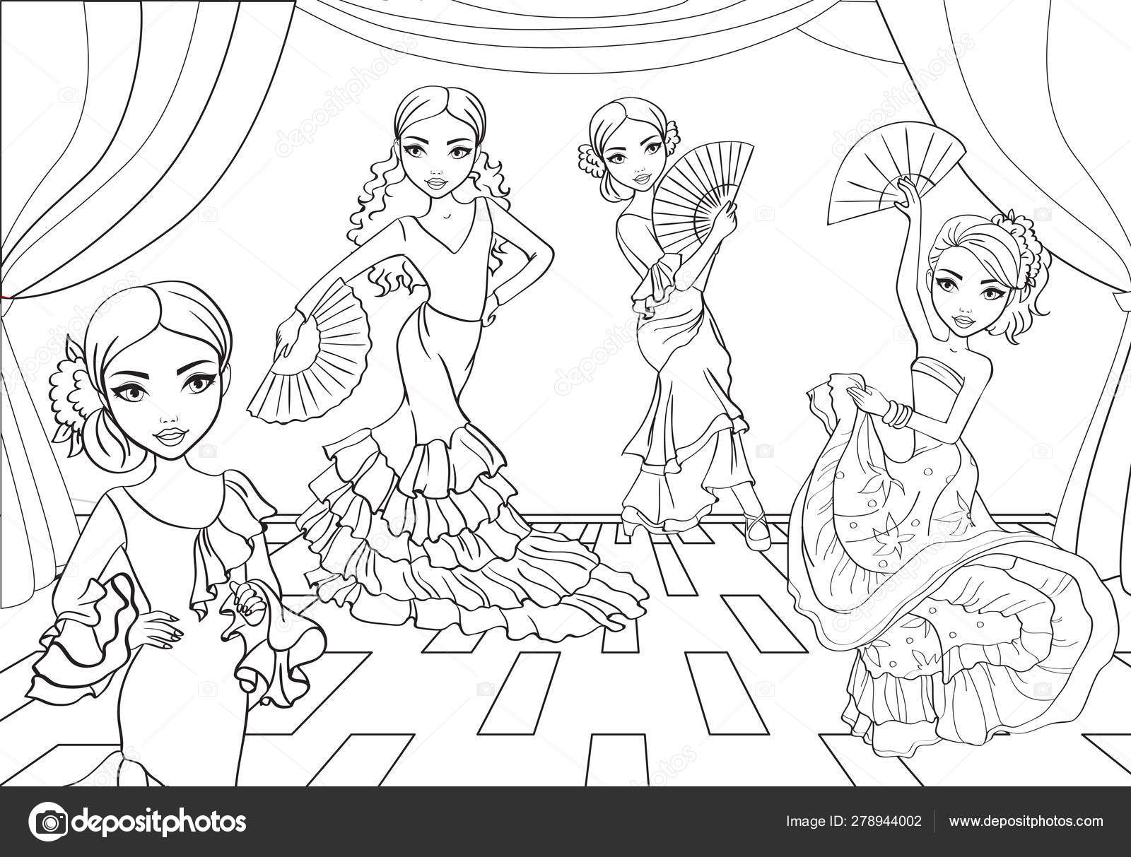 Download Coloring Book Girls Dance Flamenco On Stage Vector Image By C Ingasmk Vector Stock 278944002