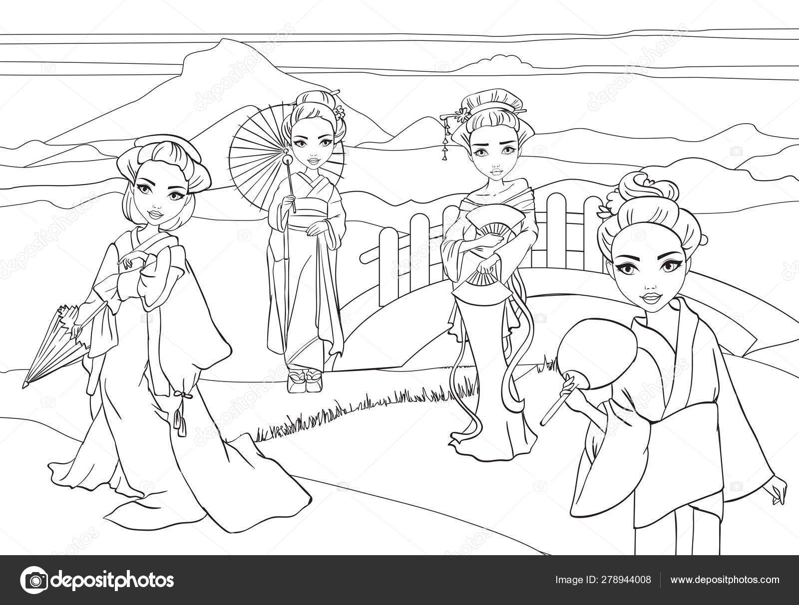 Download Coloring Cute Geisha Walk In Japanese Garden Vector Image By C Ingasmk Vector Stock 278944008