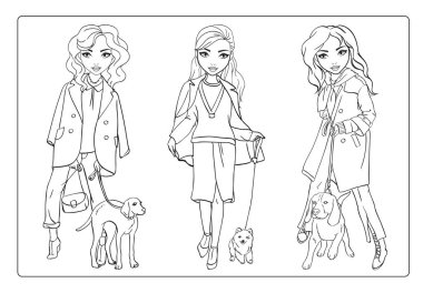 Boyama Kitabı Kızlar Onların Köpekler ile Walk