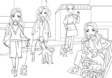 Boyama Kızlar Şehirde Evcil Hayvan ile Yürüyüş