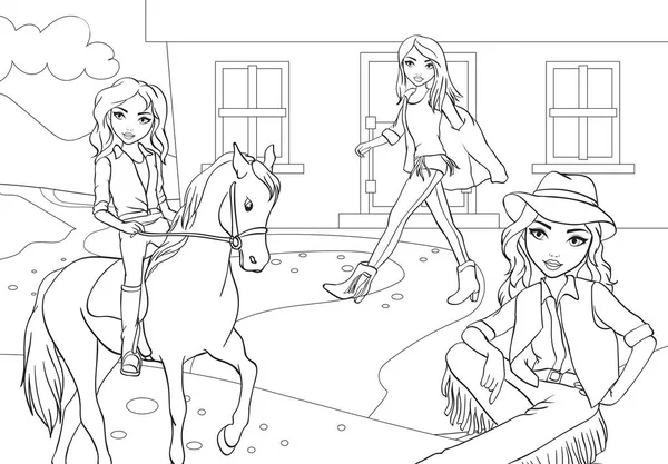 Colorir meninas equitação cavalos no oeste selvagem —  Vetores de Stock
