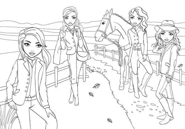 Colorir meninas Jockeys com cavalos no pasto —  Vetores de Stock