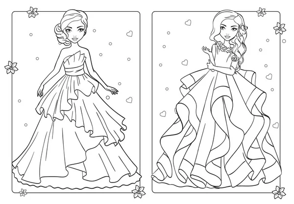 Libro para colorear niñas en vestidos de novia exuberante — Vector de stock