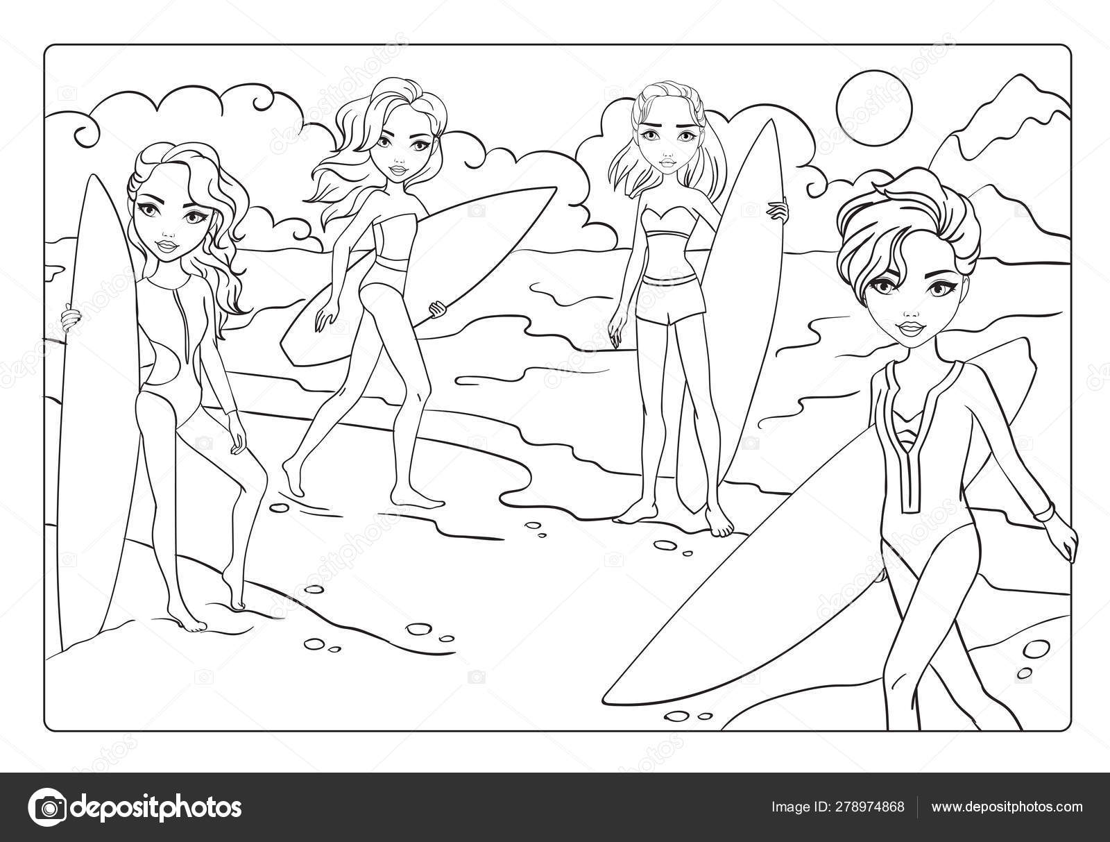 Download Coloring Book Girls With Surfboards On Beach Stock Vector Image By C Ingasmk 278974868
