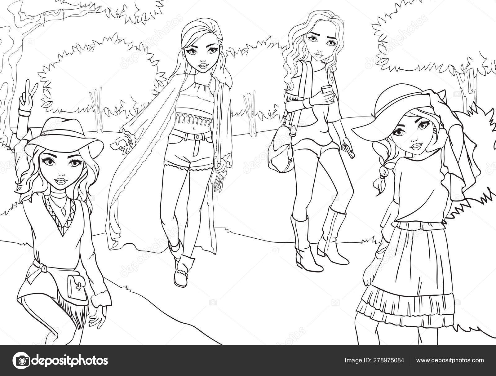 Chicas para colorear en ropa Boho en el parque Vector de stock #278975084  de ©ingasmk, image size:1600x1213