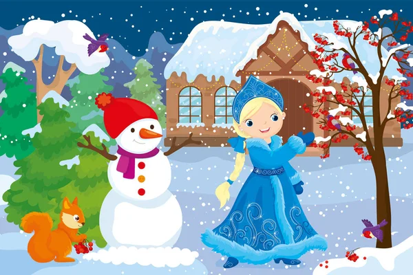 Snow Maiden communique avec les animaux Soirée de Noël — Image vectorielle