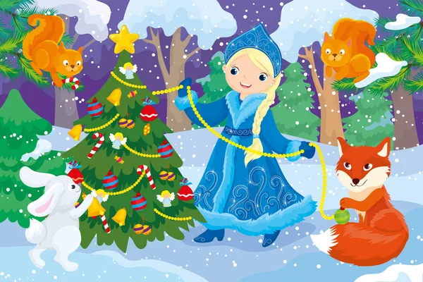 雪少女与动物装饰圣诞树 — 图库矢量图片