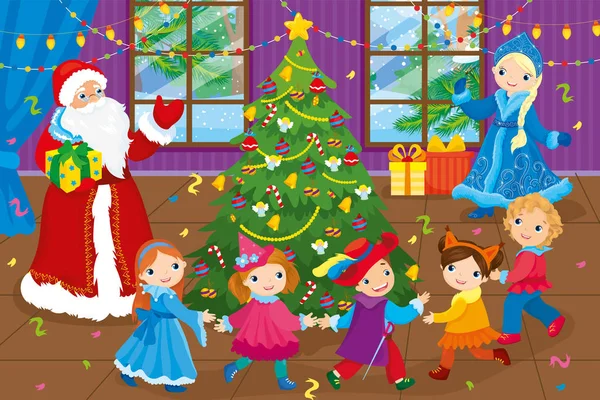 Papá Noel y los niños bailando alrededor del árbol de Navidad — Vector de stock