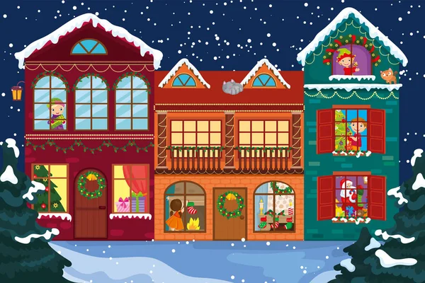 As crianças dos desenhos animados decoram a casa para a noite de Natal Gráficos Vetores