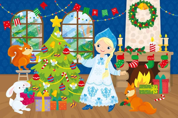 Snow Maiden Preparing For Christmas At Home — Stock Vector