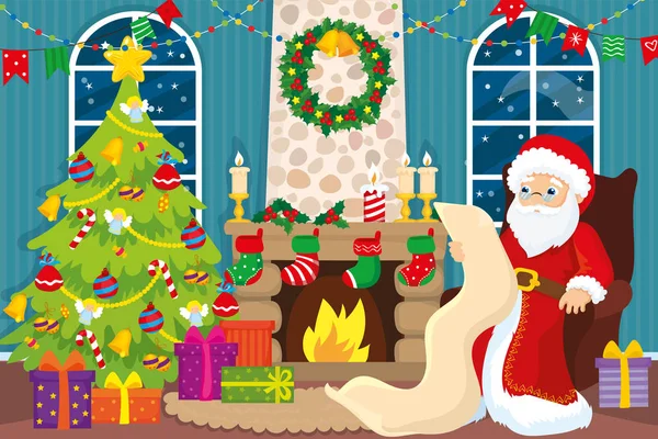 Santa Claus in de buurt van open haard leest Cadeaulijst — Stockvector