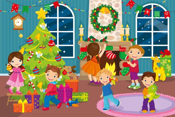 Les enfants décorent la salle cadeau de jouets avant Noël — Image vectorielle