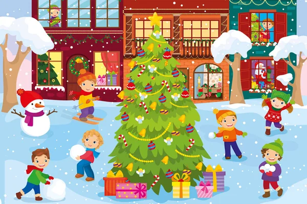 Juegos de Invierno En la calle Cerca del árbol de Navidad — Vector de stock