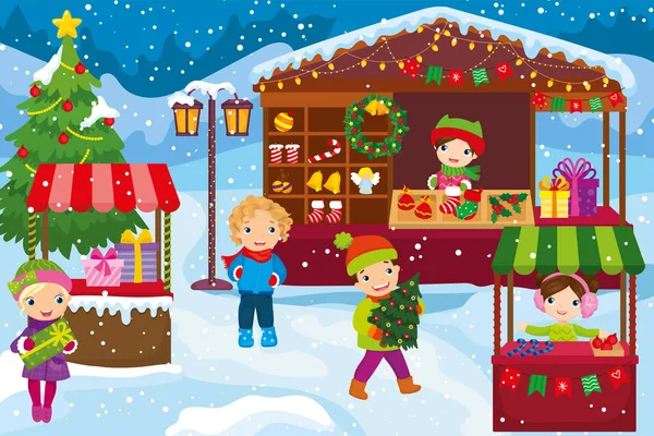 Kinder kaufen vor den Feiertagen auf Weihnachtsmarkt ein — Stockvektor