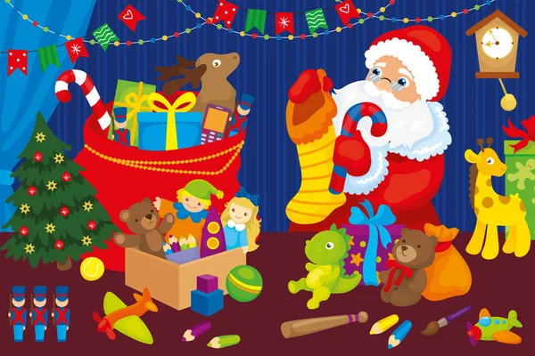 Święty Mikołaj zbiera prezenty dzieci Christmas Bag Ilustracja Stockowa