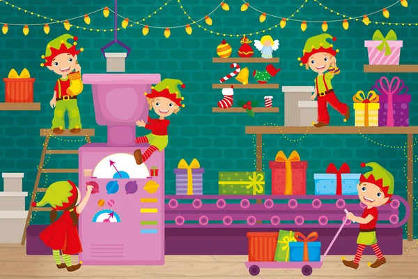 Elfos ajudam Papai Noel a embalar presentes de Natal Gráficos Vetores