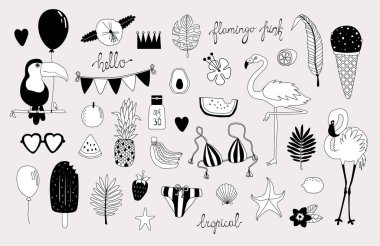 siyah kolu Tropic tatil öğeleri pastel pembe, Dikişsiz desen çizim