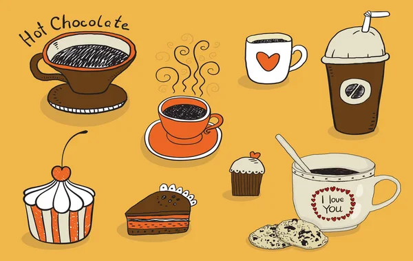 Set Hand Tekenen Van Koffie Desserts Een Oranje Achtergrond Naadloze — Stockvector