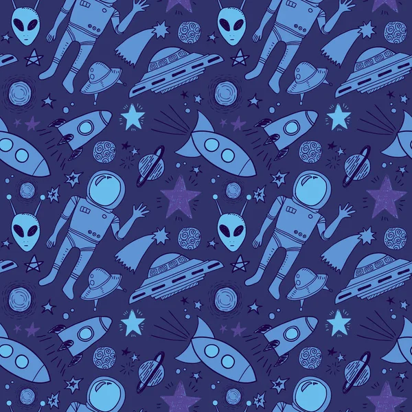 set of Hand drawing space stile doodles on dark blue background, Seamless pattern