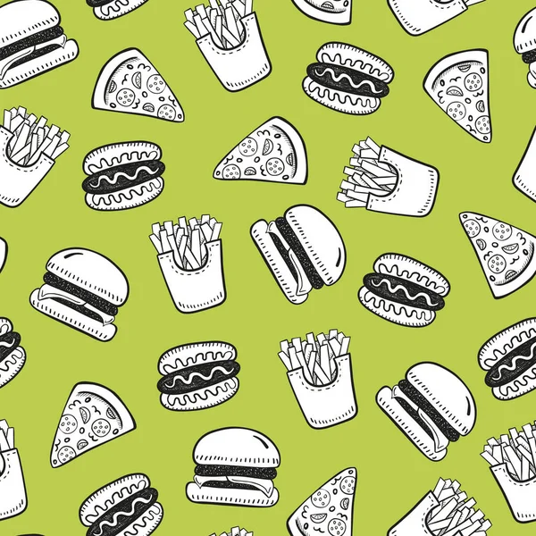 Cartoon Black White Fast Food Seamless Pattern Green Background — Stock Vector