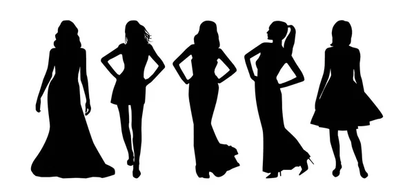 Conjunto Mujeres Posando Vestidos Noche Siluetas Negras — Vector de stock