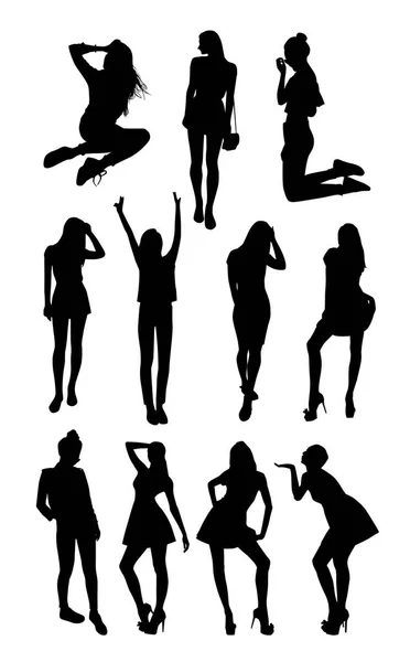 Set Posierender Frauen Schwarze Silhouetten — Stockvektor