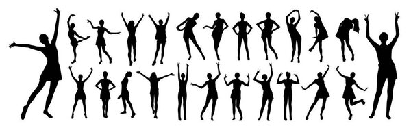 Набор активных позирующих женщин черные силуэты
