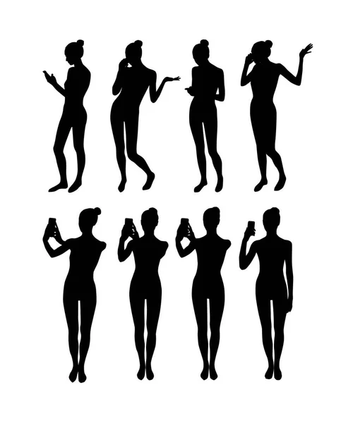 Ensemble Femmes Prenant Selfie Téléphone Parlant Silhouettes Noires — Image vectorielle