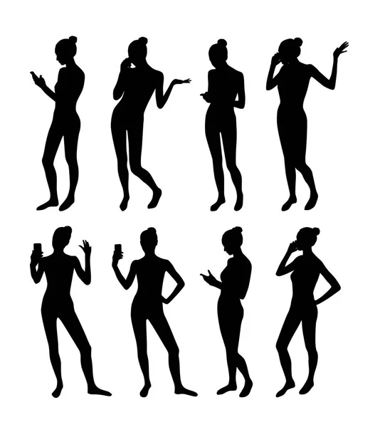 Ensemble Femmes Prenant Selfie Téléphone Parlant Silhouettes Noires — Image vectorielle
